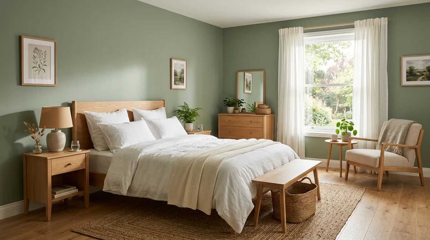Calming sage green bedroom styled as a nature-inspired sanctuary.